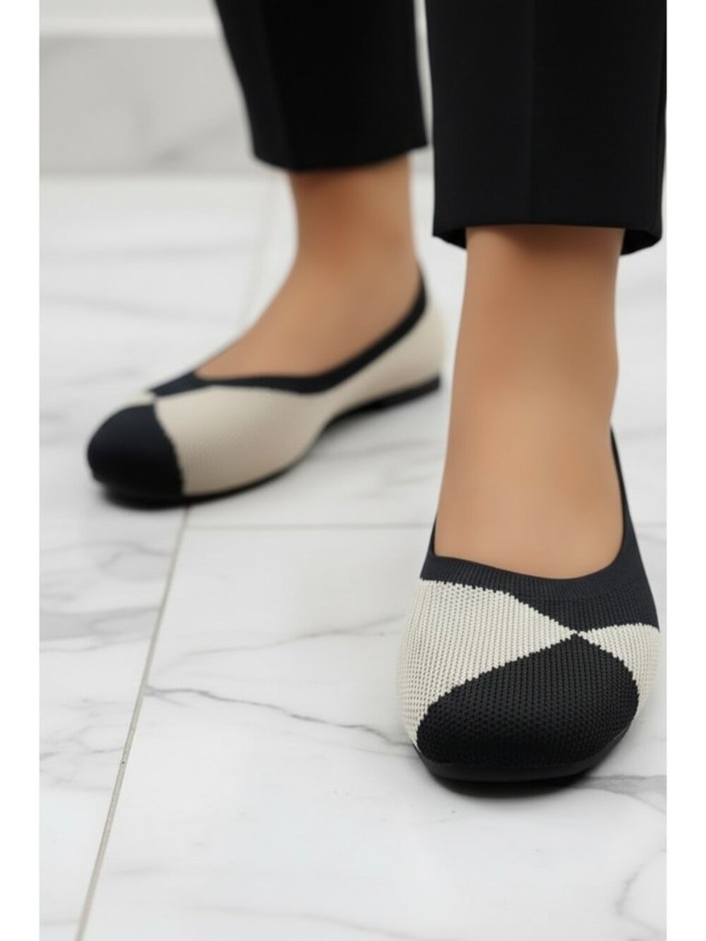 Two-Tone Geometric Knit Square Toe Ballet Flats Slip-On Shoes Contrasting Artsy